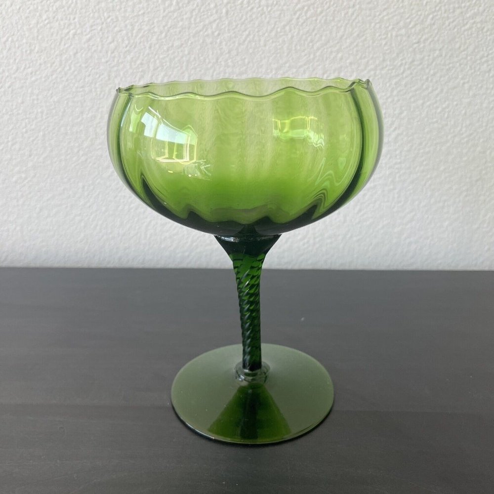 Vintage Retro Emerald Green Empoli Twisted Stem Pedestal Glass Goblet Bowl 7"